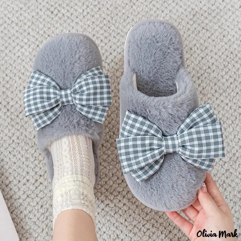 Olivia Mark – Autumn and winter new plaid bow knot full package plush slippers warm breathable cotton slippers home plush slippers Product Image