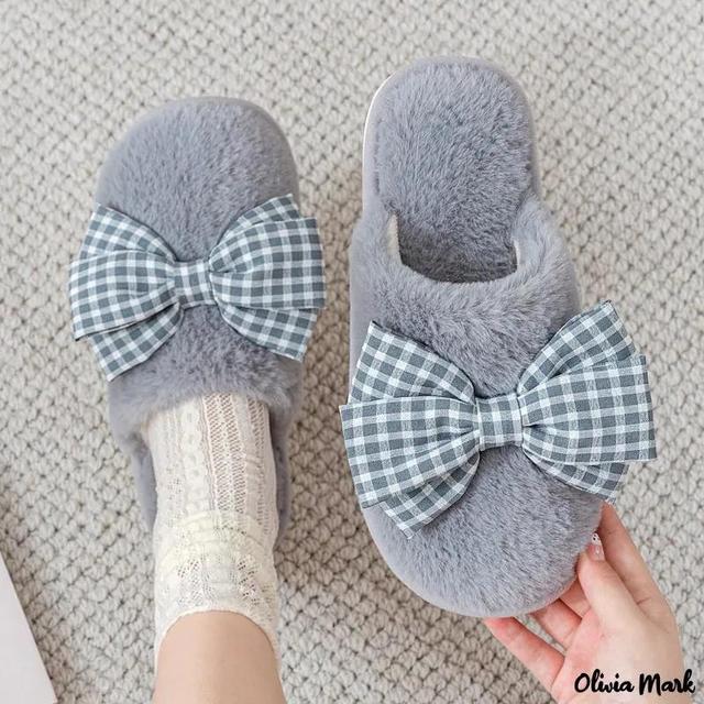 Olivia Mark – Autumn and winter new plaid bow knot full package plush slippers warm breathable cotton slippers home plush slippers Product Image