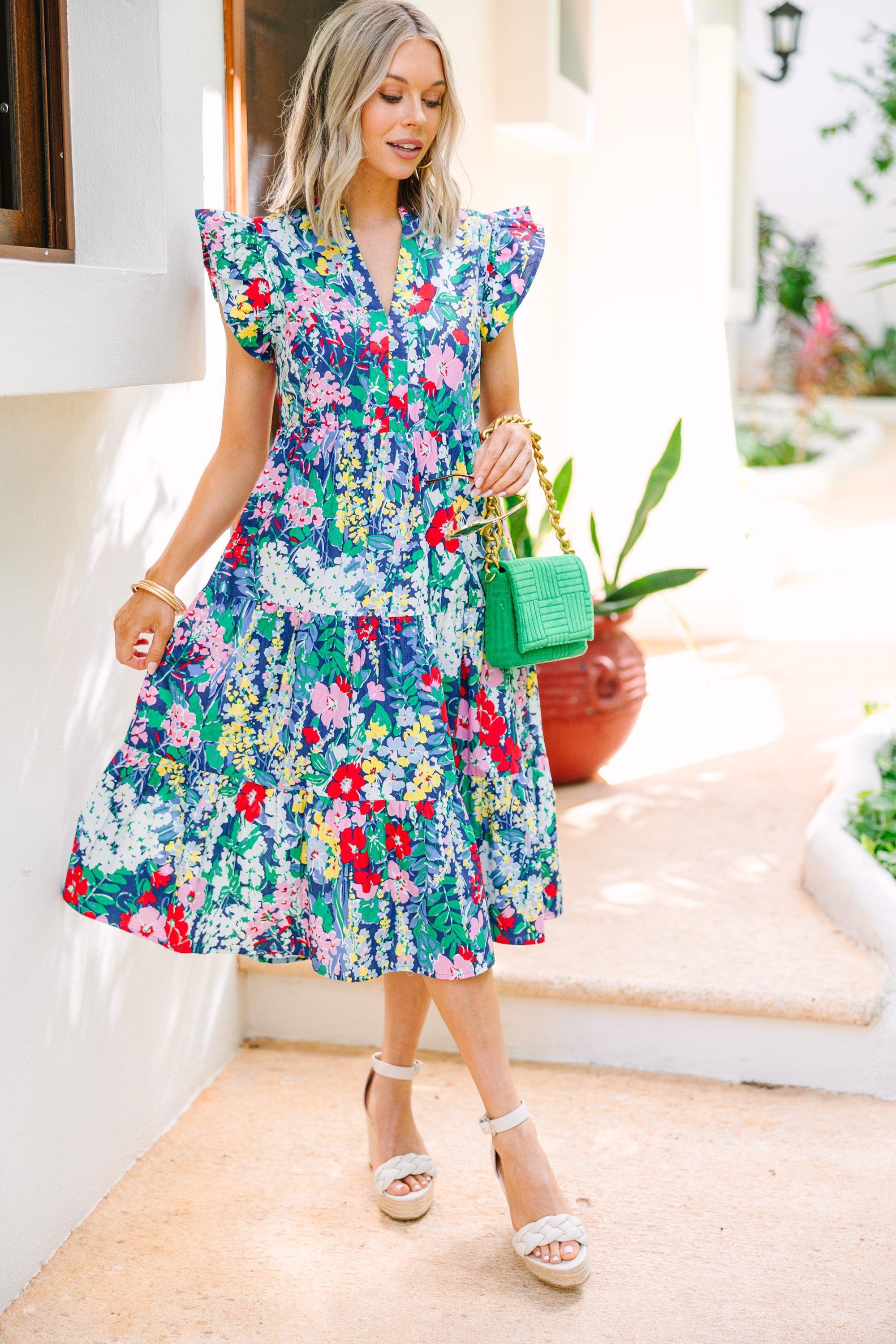 Bright Days Ahead Navy Blue Floral Midi Dress Female Product Image