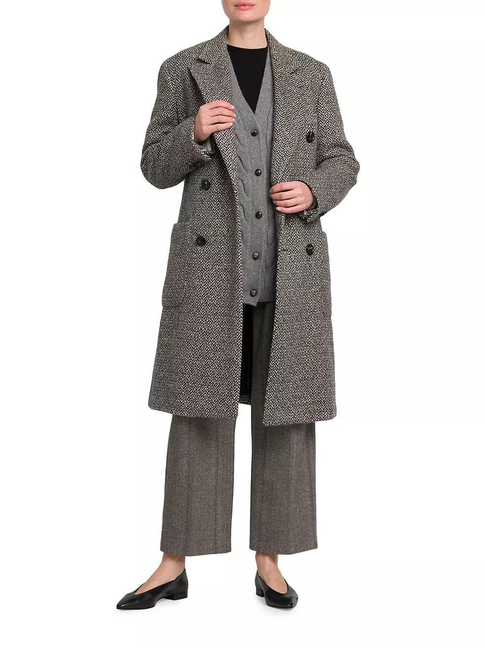 Double-Breasted Herringbone Tweed Coat Product Image