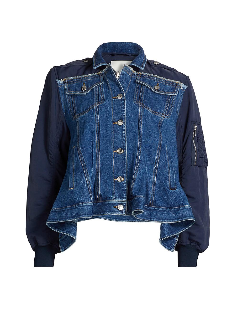 Womens Combo Denim Flounce-Hem Jacket Product Image