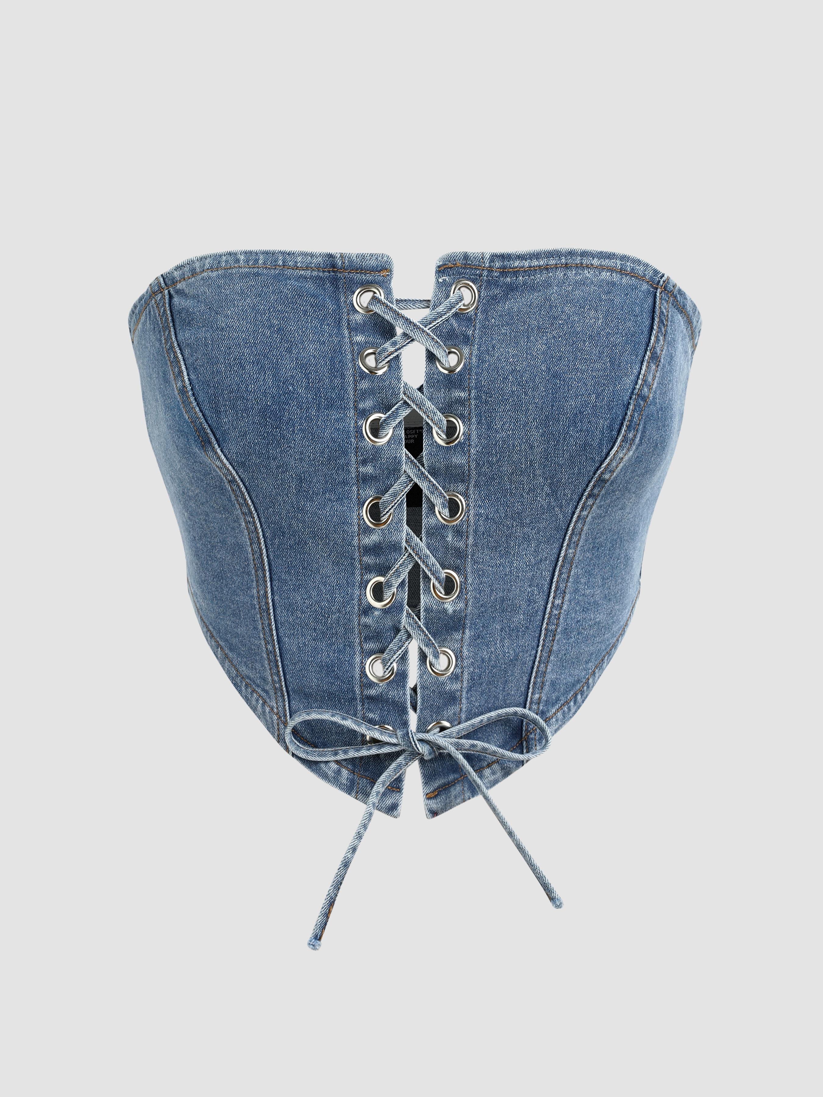 Denim Lace Up Corset Crop Tube Top Product Image