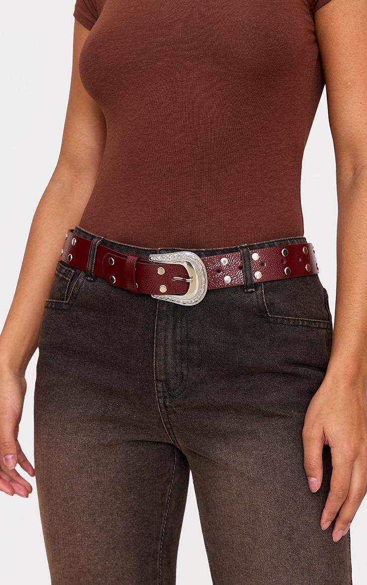 Burgundy Crinkle Pu Western Stud Buckle Belt Product Image