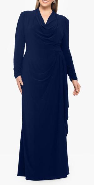 Betsy & Adam Long Sleeve Cowl Neck Gown in Navy at Nordstrom, Size 14W Product Image