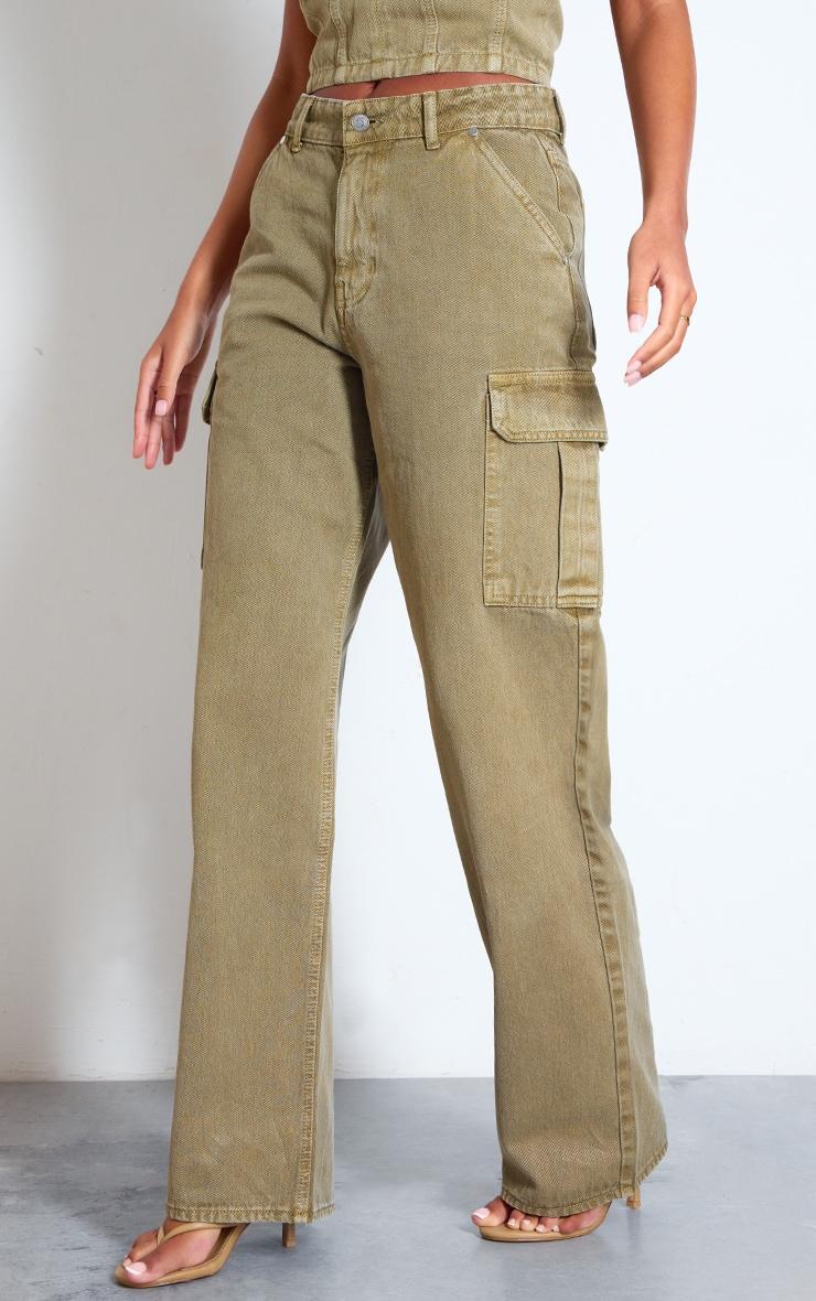 Tall Washed Khaki Low Rise Wide Leg Cargo Jeans Product Image