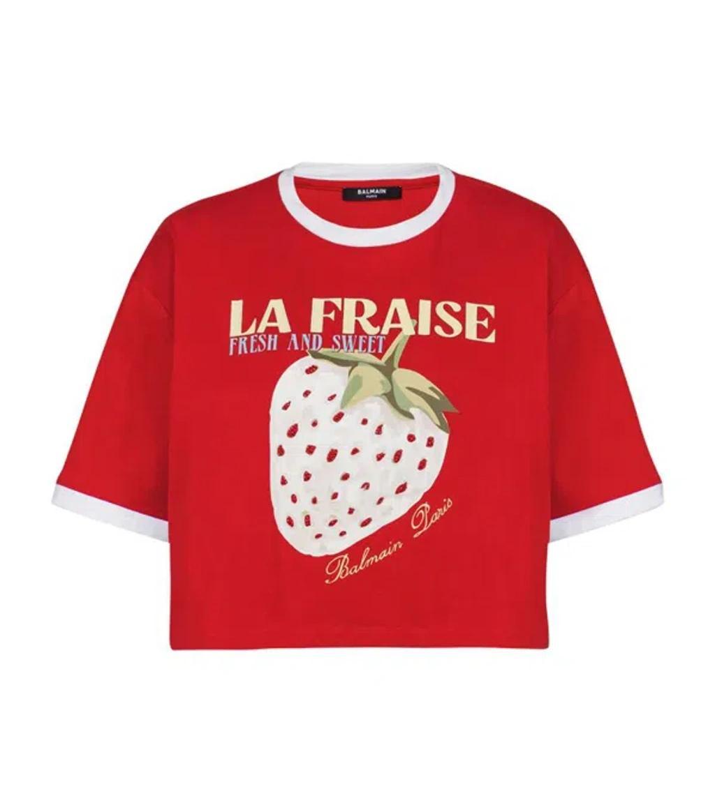 BALMAIN Cropped Strawberry Print T-shirt In Red Product Image