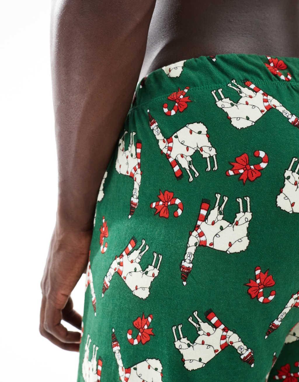 ASOS DESIGN christmas llama lounge pants in dark green Product Image