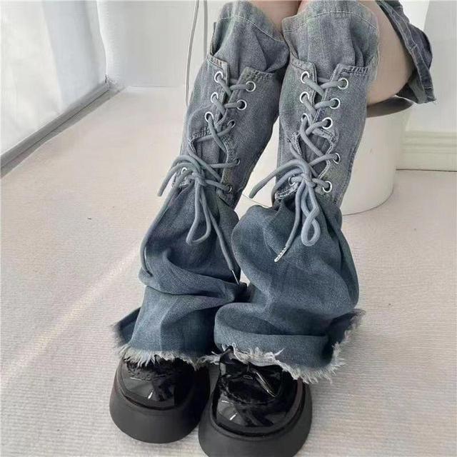 Washed Fray Lace Up Denim Leg Warmers Product Image