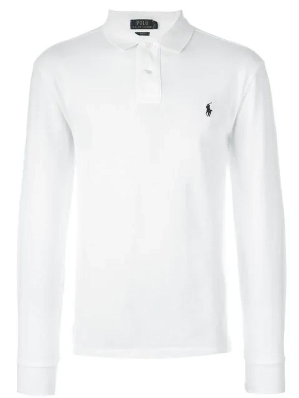 Logo-embroidered Cotton Long-sleeved Polo Shirt In White Product Image