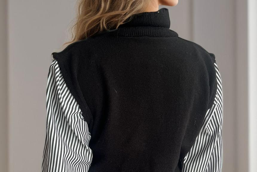 Long-Sleeve Turtleneck Mock Two-Piece Striped Panel Knit Top Product Image