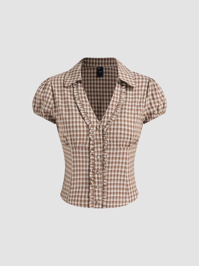 100% Cotton V-neck Check Button Short Sleeve Blouse Product Image