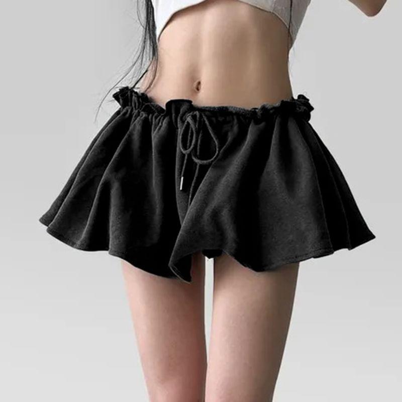 Low Waist Ruffled-Trim Plain Mini A-Line Skirt Product Image