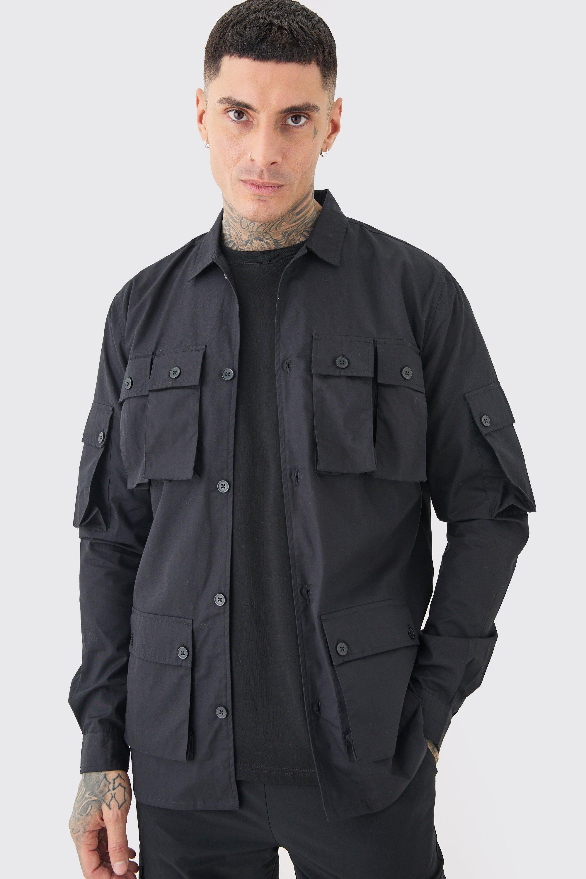 Mens Black Tall Longsleeve Poplin Utility Pocket Shirt, Black Product Image