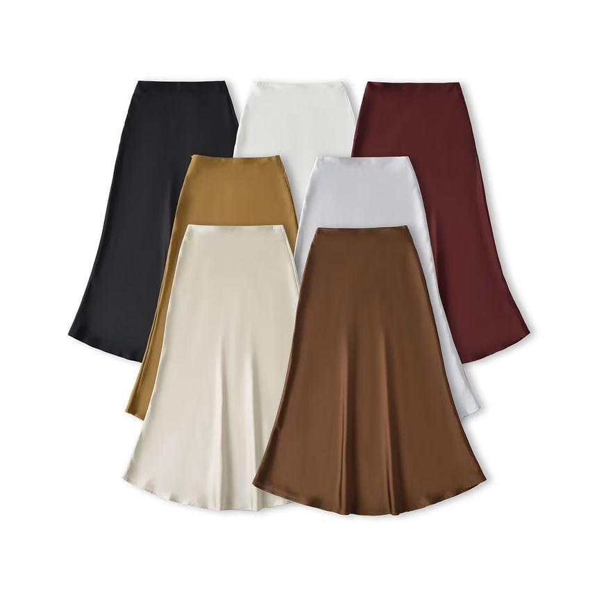 Mid Waist Plain Satin Maxi Fishtail Skirt Product Image