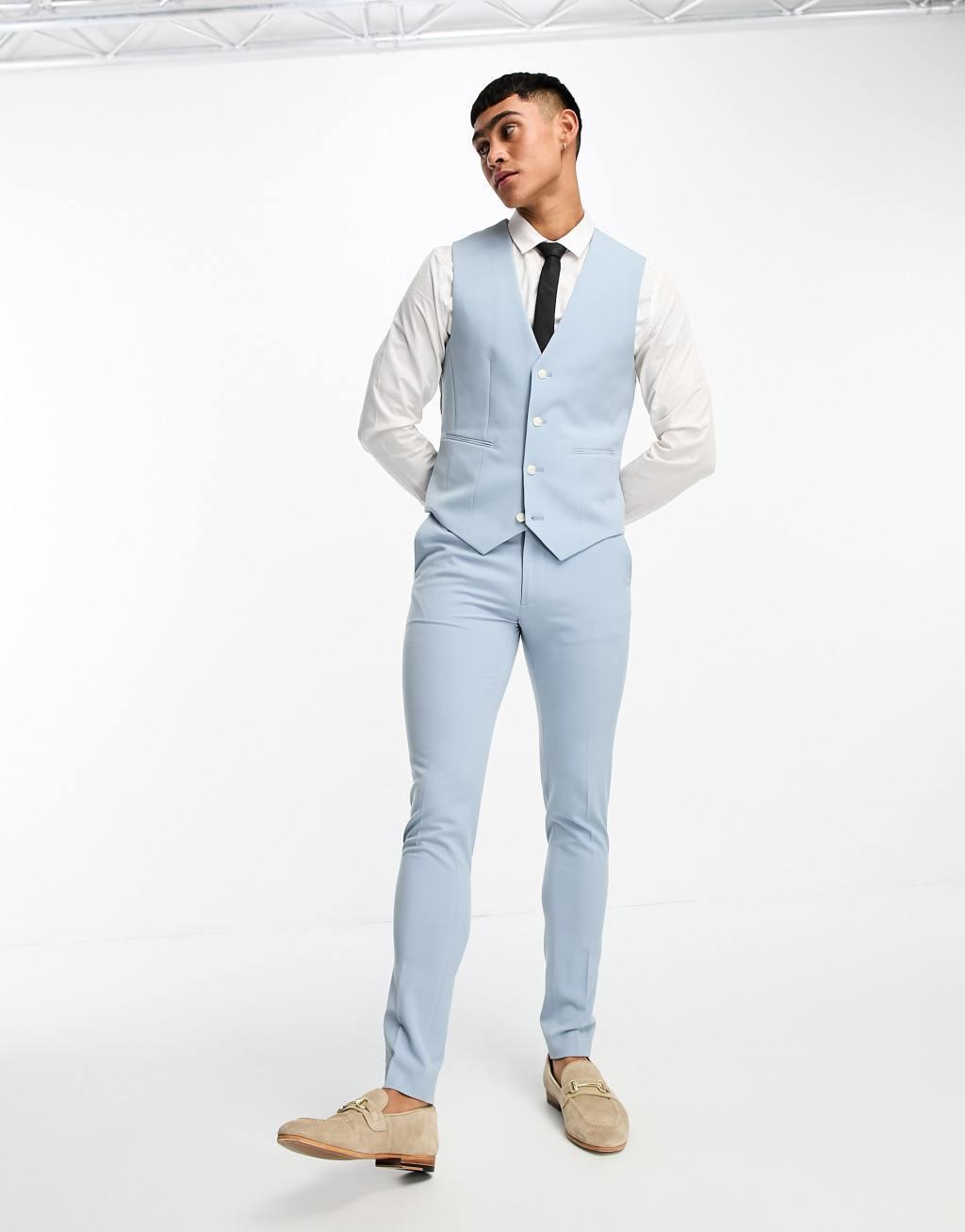 ASOS DESIGN wedding super skinny suit vest in pale blue Product Image