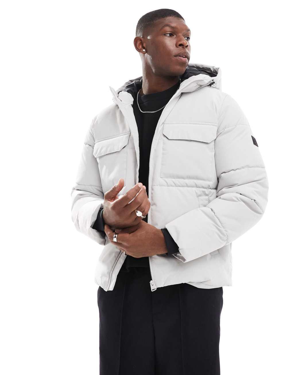 ONLY & SONS padded coat with hood & utility pockets in ice gray Product Image