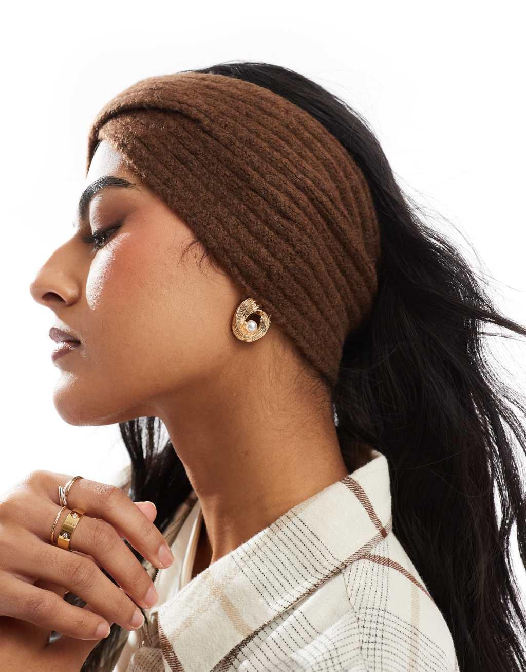 ASOS DESIGN cross over knit headband in chocolate Product Image