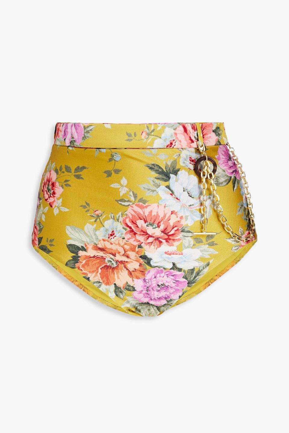 Chain-embellished Floral-print High-rise Bikini Briefs In Mustard Product Image