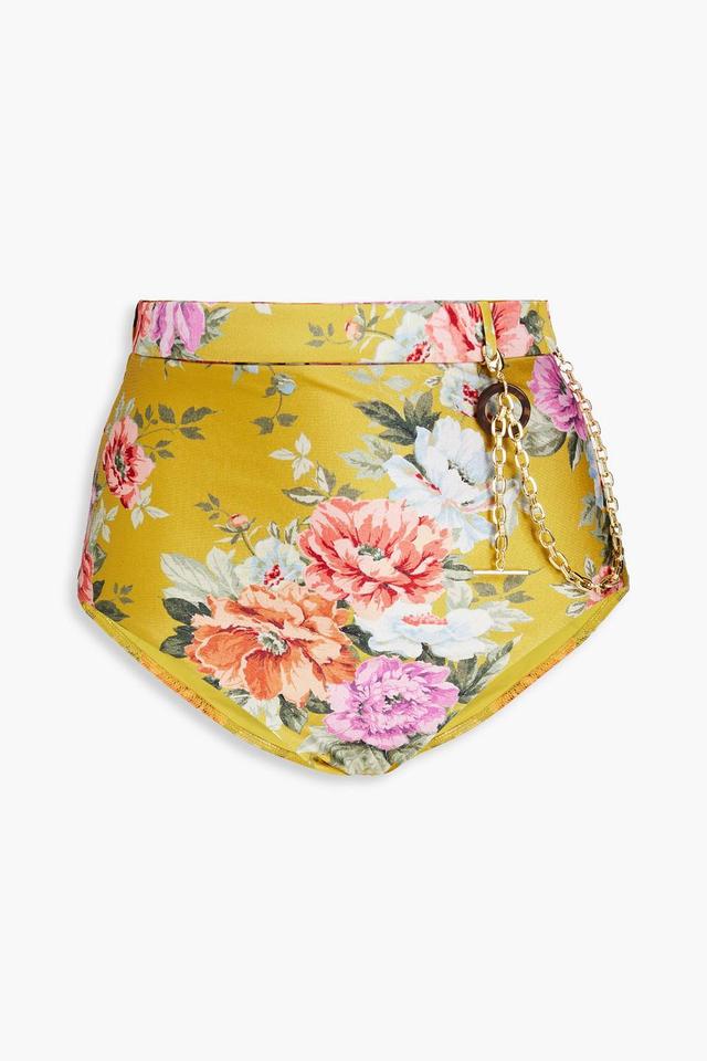 Chain-embellished Floral-print High-rise Bikini Briefs In Mustard Product Image