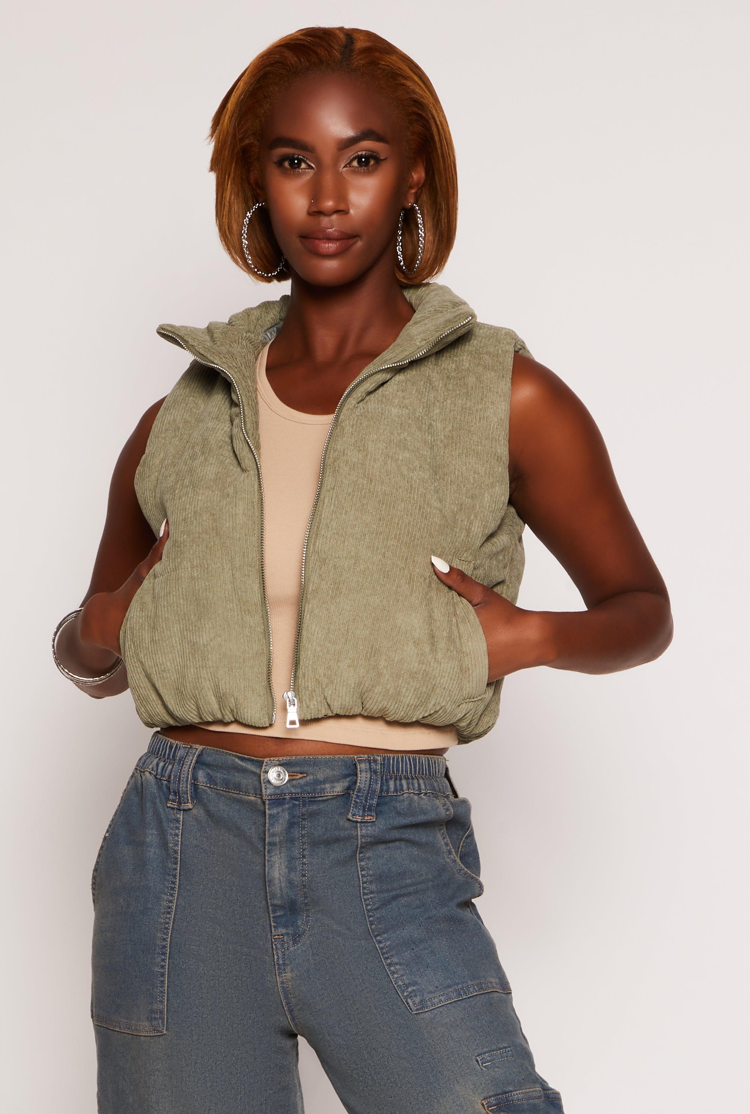 Womens Corduroy Zip Front Cropped Puffer Vest Product Image