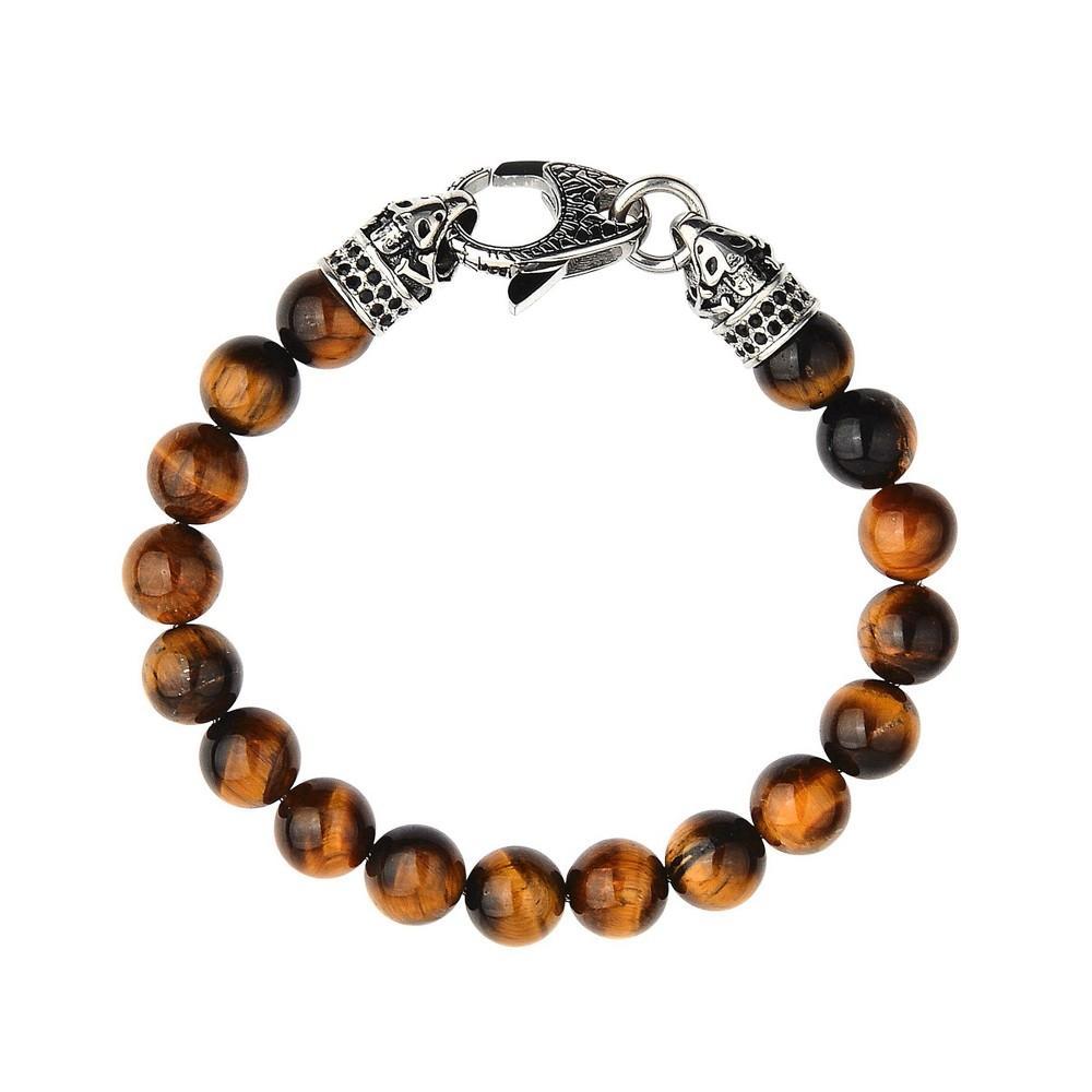 Mens Tiger Eye Stone Antiqued Stainless Steel Clasp Beaded Bracelet (10mm) - 8.5 Product Image