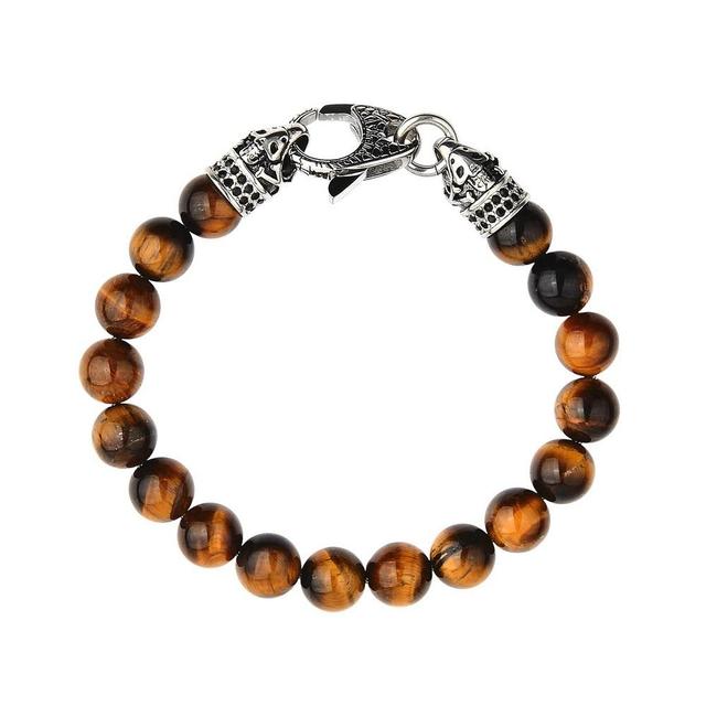 Mens Tiger Eye Stone Antiqued Stainless Steel Clasp Beaded Bracelet (10mm) - 8.5 Product Image