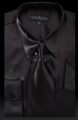 Satin Dress Shirt Regular Fit in Black With Tie and Pocket Square Product Image