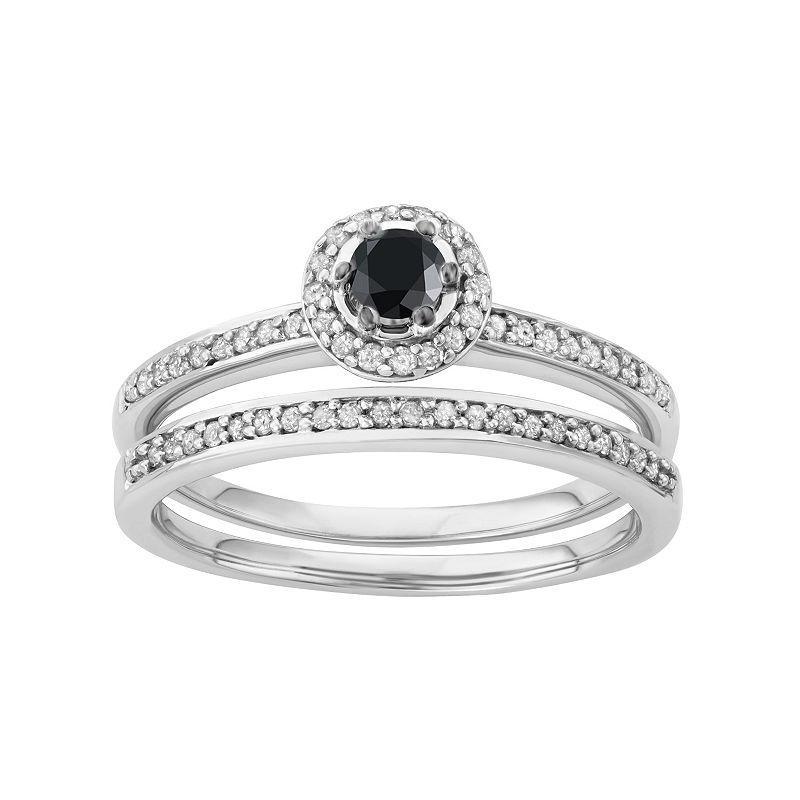 10k White Gold 1/2 Carat T.W. Black & White Diamond Halo Engagement Ring Set, Womens Product Image