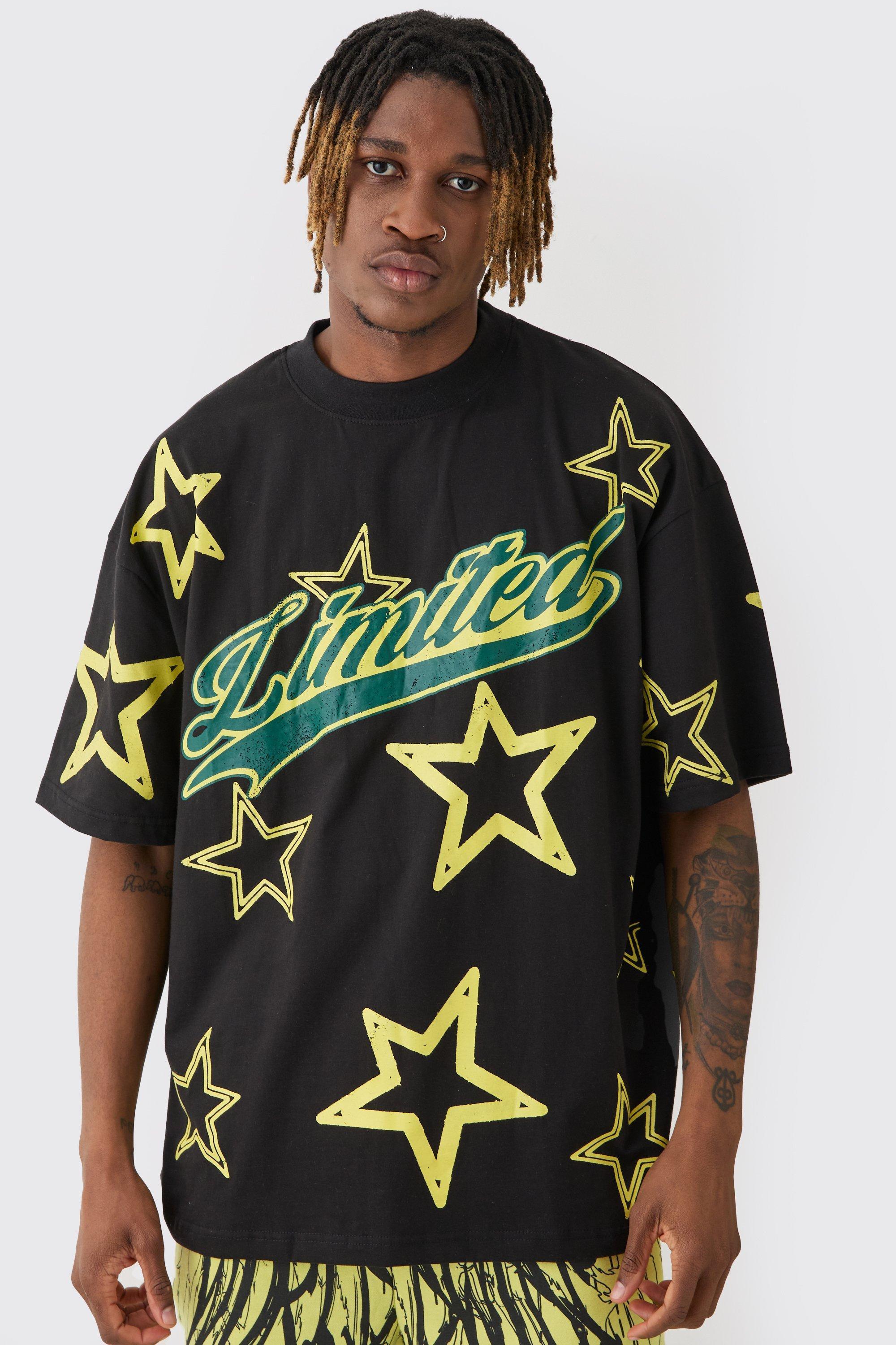 Mens Black Tall Oversized Extended Neck Limited Star Print T-shirt, Black Product Image