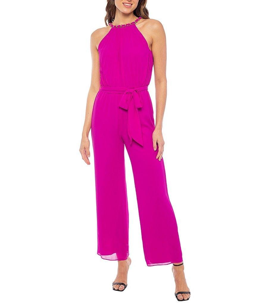 Marina Pleated Bodice Chiffon Sleeveless Halter Neck Belted Jumpsuit Product Image