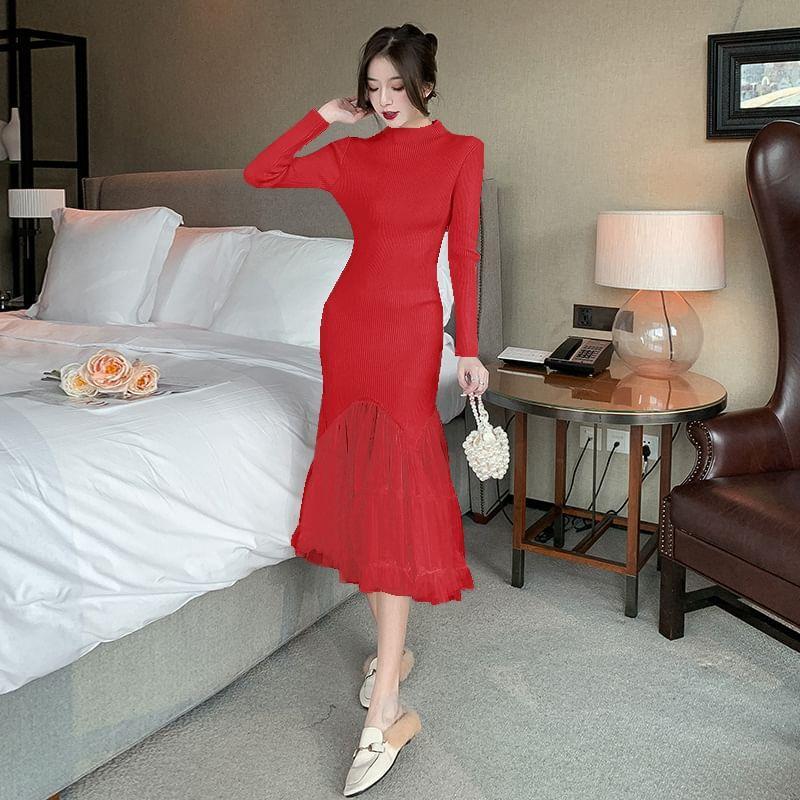 Long-Sleeve Mock Neck Mesh Panel Asymmetrical Midi A-Line Dress Product Image