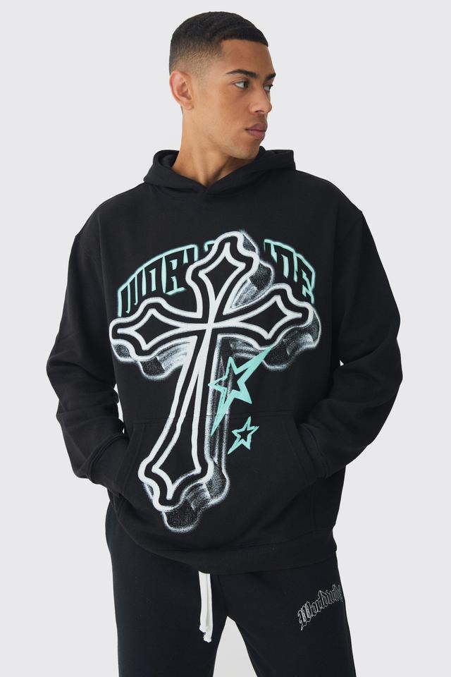 Oversized Cross Printed Hoodie | boohooMAN USA Product Image