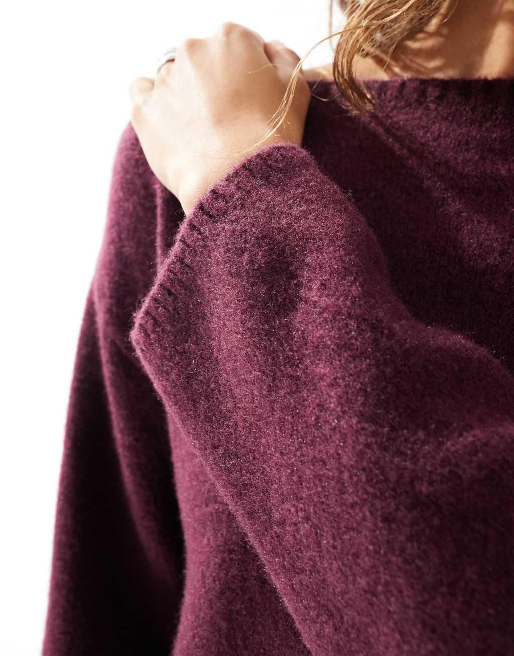 Monki knit top with off the shoulder boat neck in dark plum Product Image