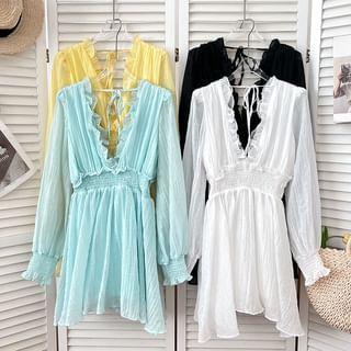 Puff-Sleeve V-Neck Plain Ruffled Tie-Back Mini A-Line Dress Product Image