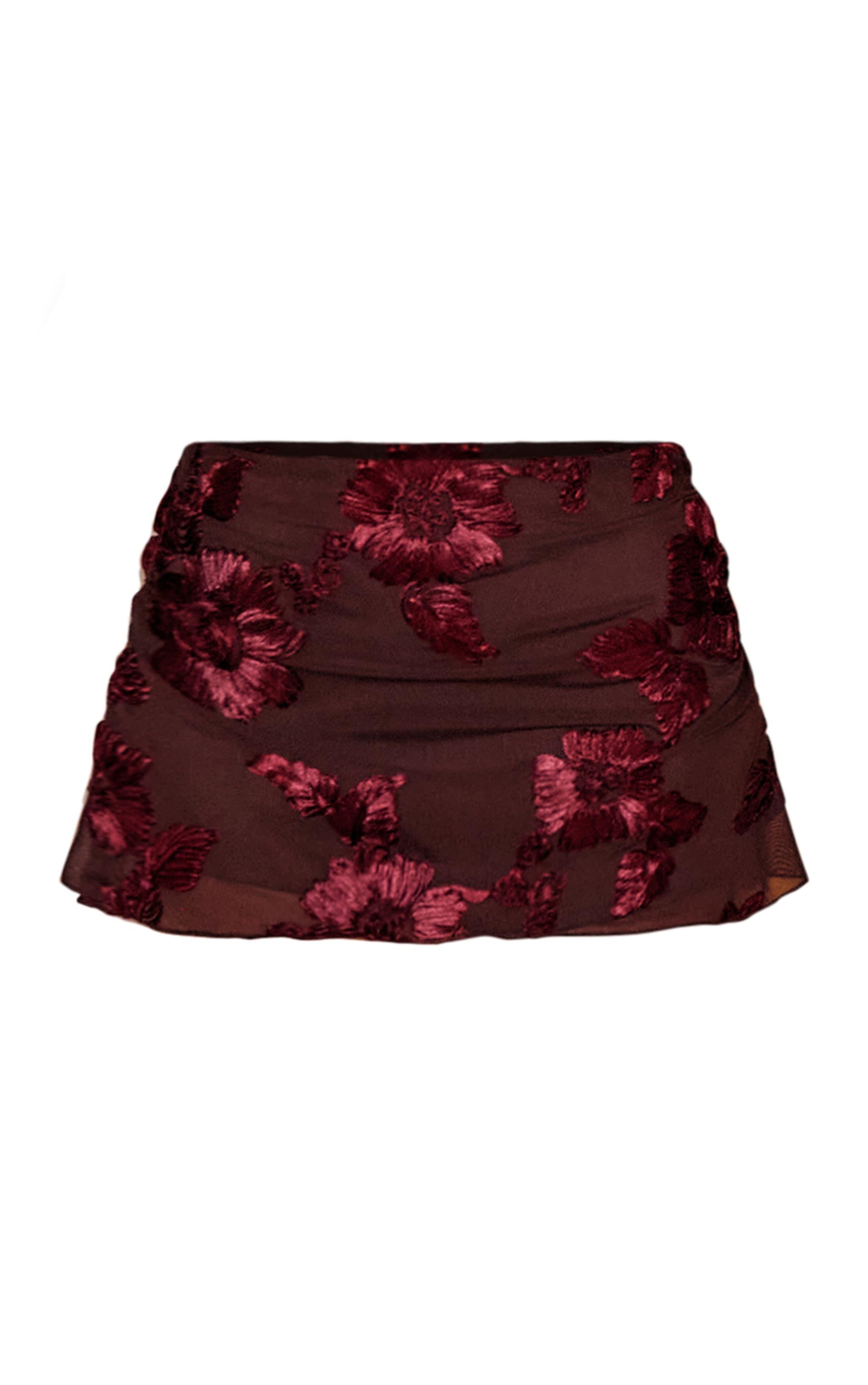 Burgundy Mesh Floral Applique Detail Mini Skirt Product Image