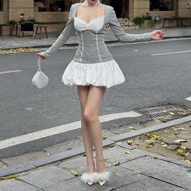 Mock Two-Piece Long-Sleeve Sweetheart-Neckline Lace Trim Mini A-Line Balloon Dress Product Image