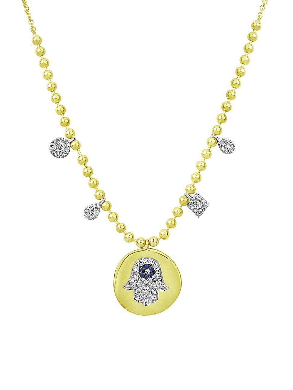 Womens Two-Tone 14K Gold, Diamond, & Sapphire Hamsa Pendant Necklace Product Image