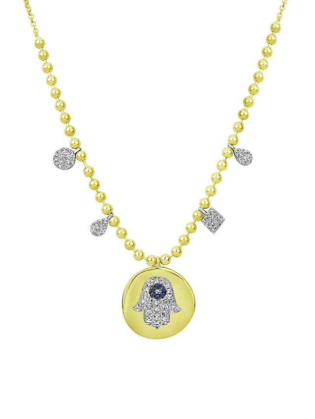 Womens Two-Tone 14K Gold, Diamond, & Sapphire Hamsa Pendant Necklace Product Image