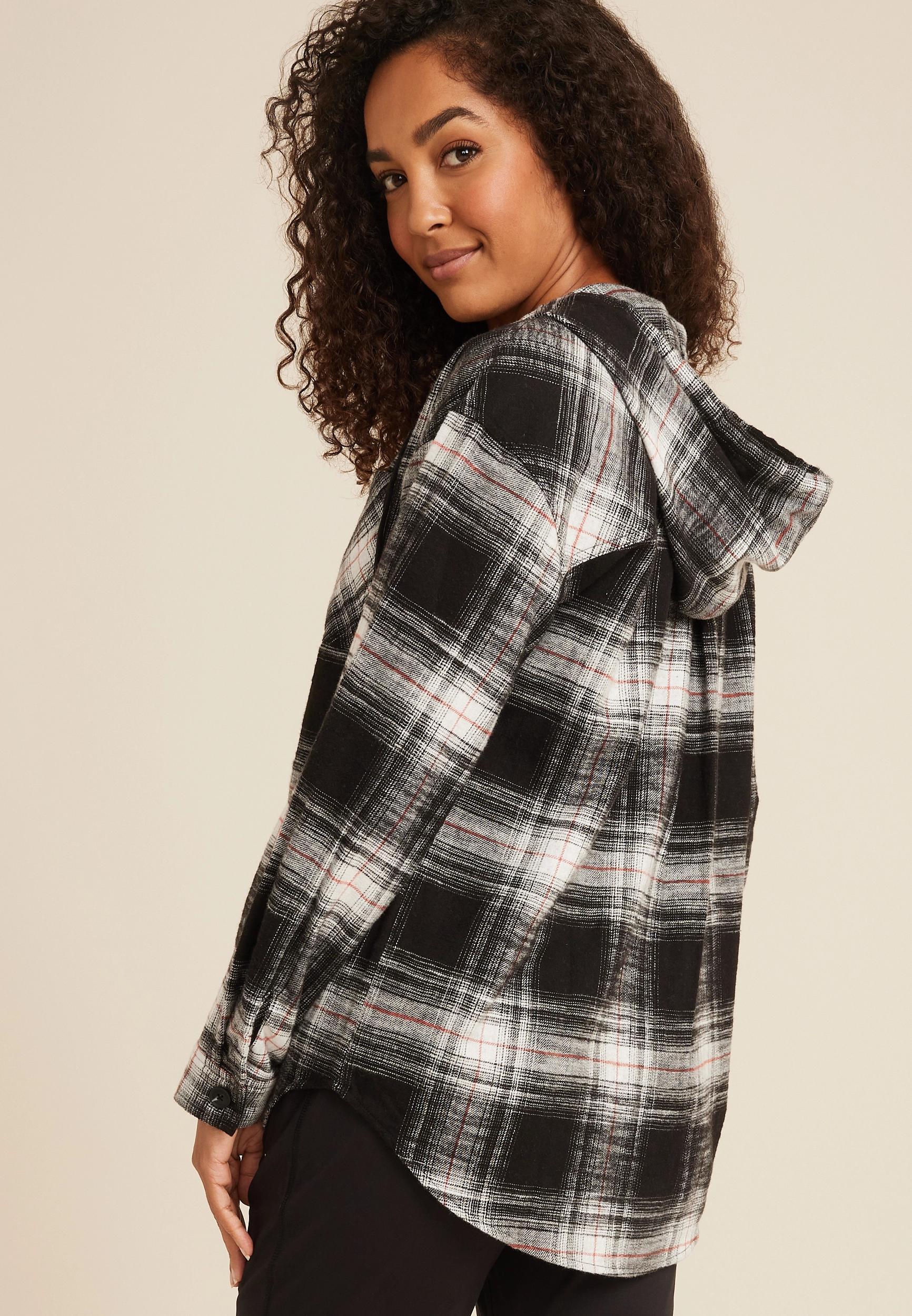 Cabin Plaid Boyfriend Hooded Button Down Shirt Product Image