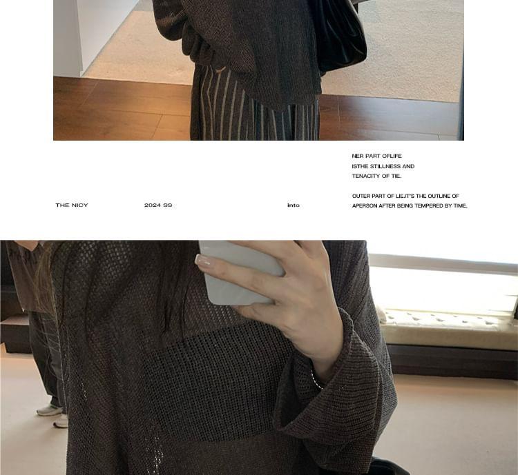 Long-Sleeve Crewneck Plain Knit Top / High Waist Striped Wide Leg Pants Product Image