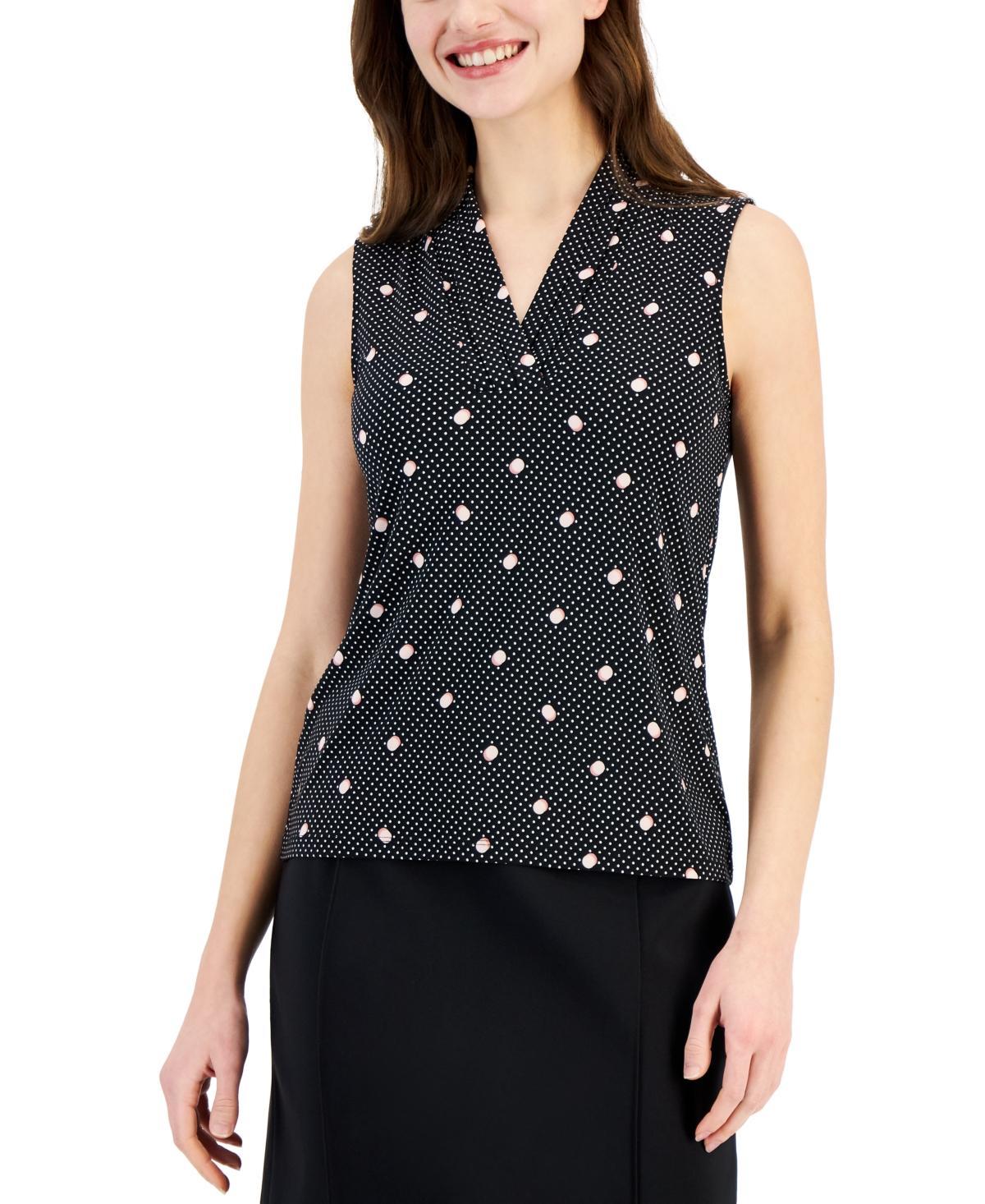 Anne Klein Womens Pleated-Neck Printed Sleeveless Top - Anne Black Product Image