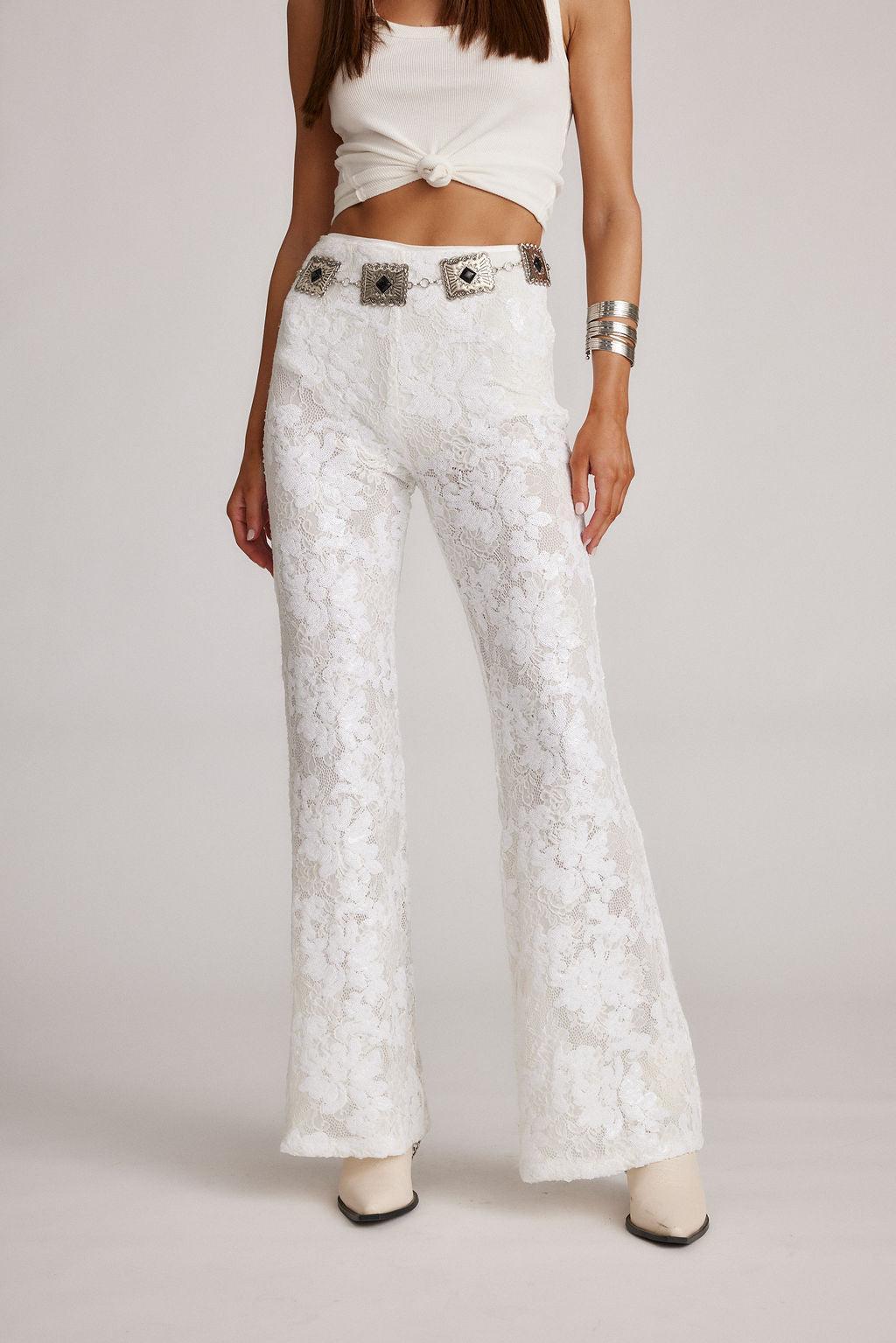 Maddox White Sequin Lace Pants Product Image