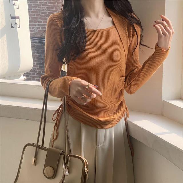 Long-Sleeve Scoop Neck Plain Drawstring Ribbed Knit Top Product Image