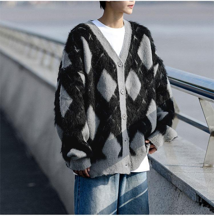 V-Neck Argyle Fluffy Cardigan Product Image