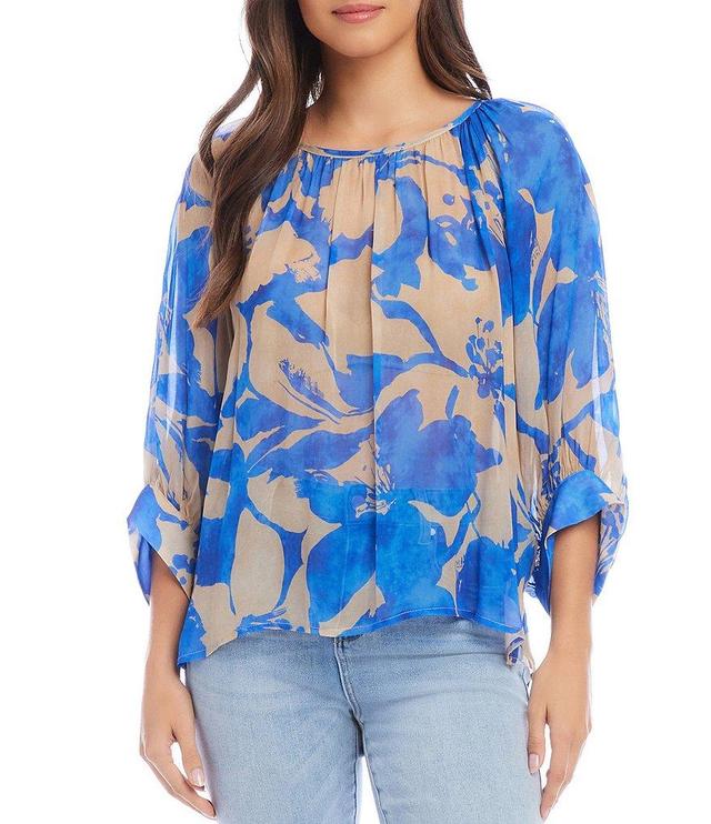 Karen Kane Shadow Flower Print Scoop Neck Blouson Sleeves Flowy Blouse Product Image