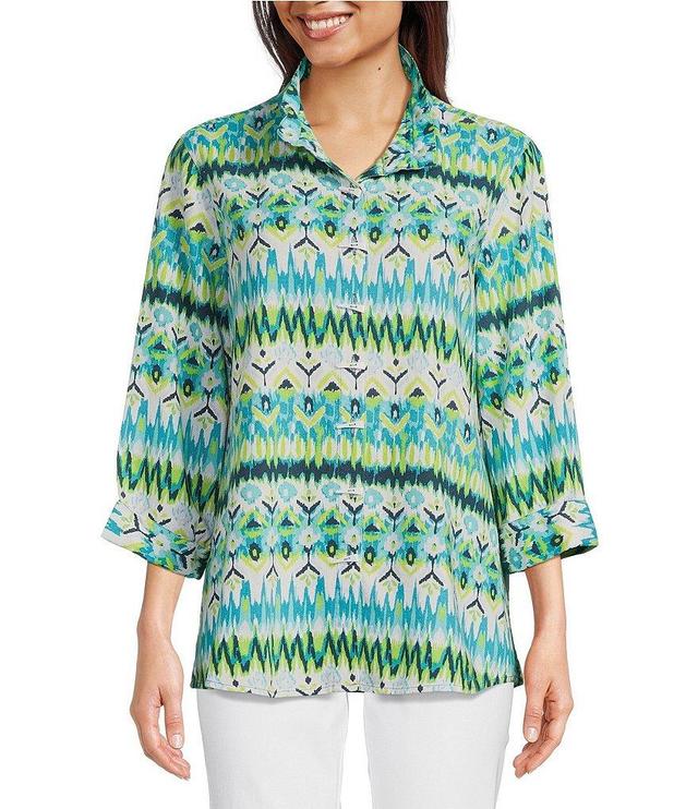 Ali Miles Printed Woven Linen Blend Point Collar 3/4 Sleeve Button Front Tunic Product Image