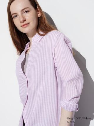 Womens Premium Linen Striped Long-Sleeve Shirt Purple XS UNIQLO US Product Image