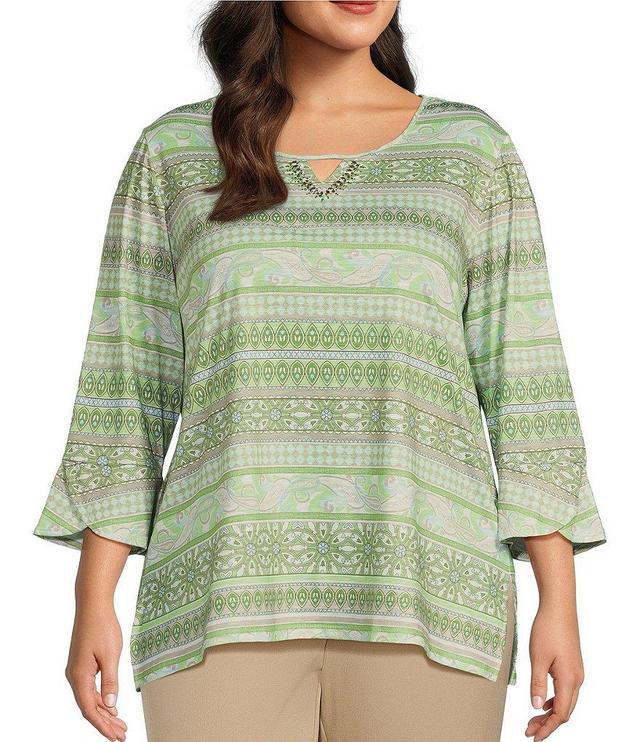 Allison Daley Plus Size Embellished Paisley Stripe 3/4 Flare Sleeve Keyhole Neck Knit top Product Image