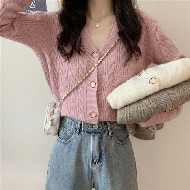 V-Neck Plain Cable Knit Cardigan Product Image