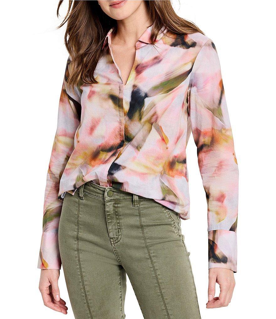 NIC + ZOE Woven Smoky Petals Print Point Collar V-Neck Long Sleeve Shirt Product Image